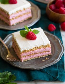 Photo: Two servings of raspberry icebox cake shown on vintage pewter plates.